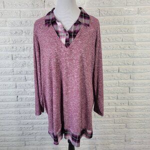 Catherines Womens Top 2X Plus Tunic Knit Purple Plaid Collar PLA59E